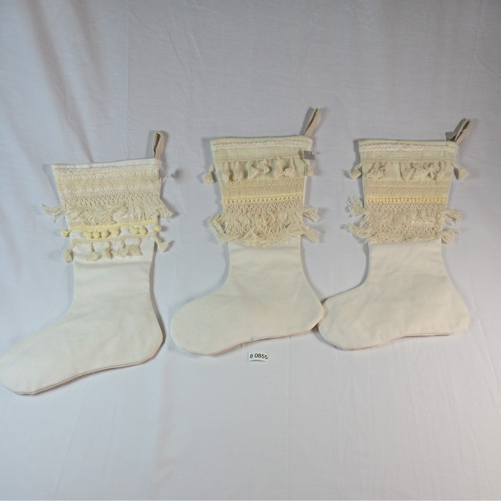 3 BOHO Christmas Stocking Cream Color 2023 With Tassel Rustic Holiday Decor
